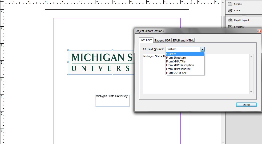 Object Export Options dialog box. The Alt Text tab is selected and the Alt Text Source drop down menu is expanded. Custom, at the top of this menu, is currently highlighted.