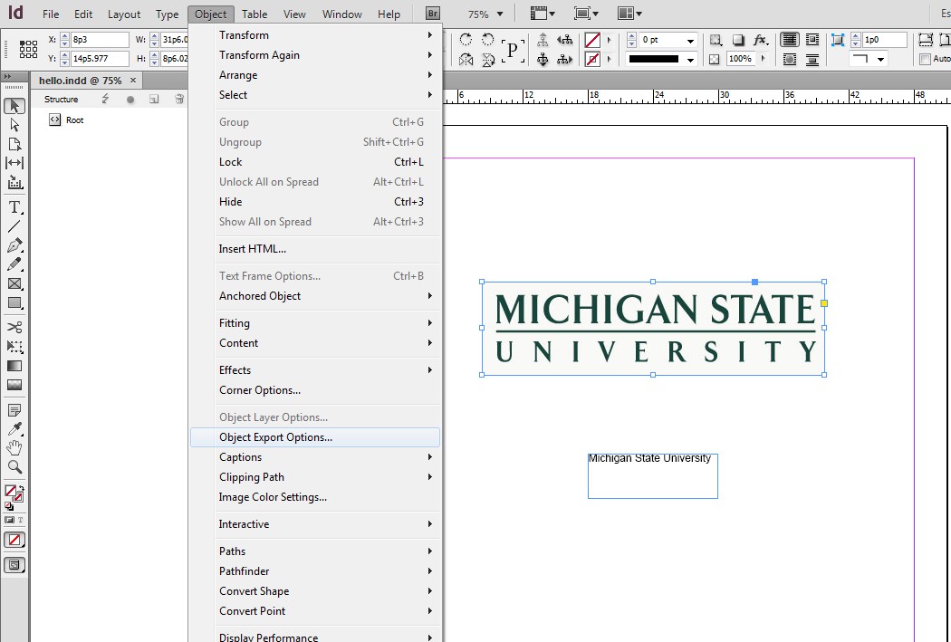 Objects drop down menu. Object Export Options, near the bottom of the menu, is highlighted.