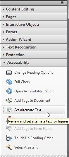 Acrobat tool panel with the Accessibility tab expanded. Set Alternate Text is highlighted