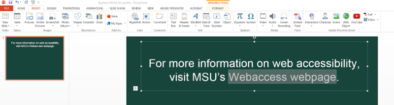 Microsoft power point. Format tab open. Highlighted text in document displaying