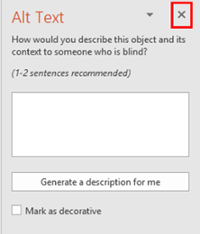 Alt Text side bar. X marked to close and save changes