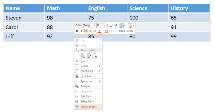 Drop down menu from right clicking on Table. Format Shape option selected