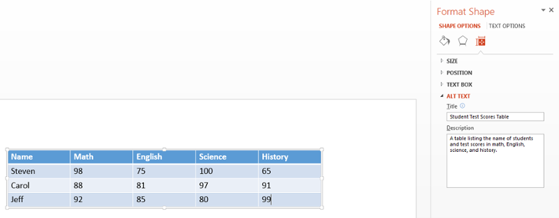 Table on left side with Format Shape side bar opened on right. Title and Description box filled with Alt Text for Table