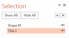 Selection side bar. Text frame name changed from Shape 44 to Title 1