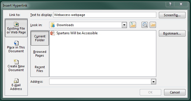 Insert Hyperlink window