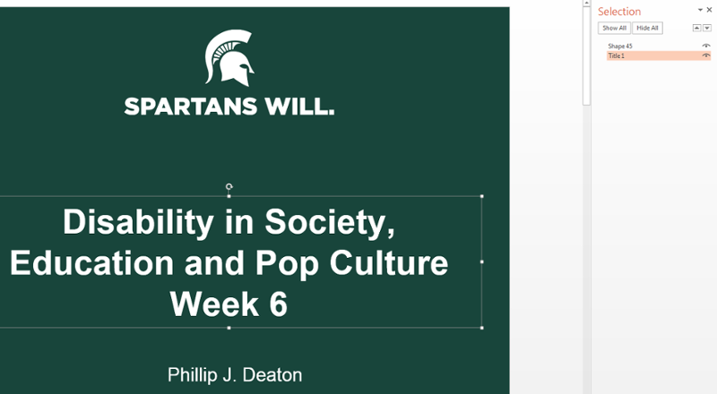 Selection side bar open on right. Text frame labeled Title 1 dragged to bottom to indicate it will be read first