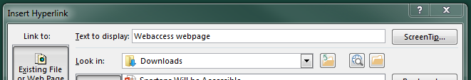Insert Hyperlink window. Text to display box with example text reading Webaccess web page