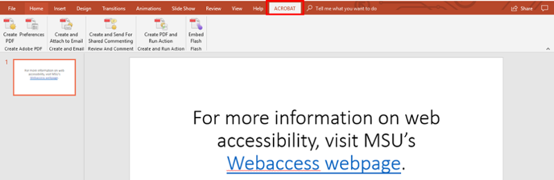 Top home ribbon in Microsoft power point. Acrobat tab highlighted