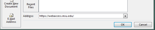 Insert Hyperlink window. Address box with example text reading https://webaccess.msu.edu/