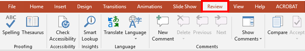 Top home ribbon in Microsoft power point. Review tab selected