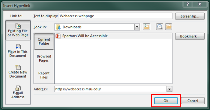 Insert Hyperlink window. Ok selected to save changes