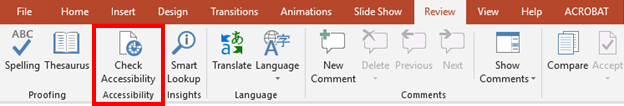 Check Accessibility icon selected from under Review tab