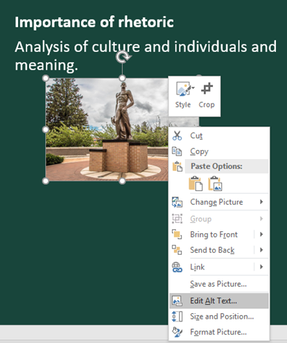 Drop down menu from right clicking on Sparty Statue. Edit Alt Text option selected