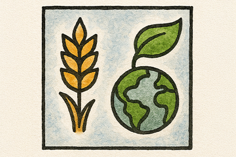 Icon representing agriculture and the environment, showing a crop stalk and a leaf growing from a globe.