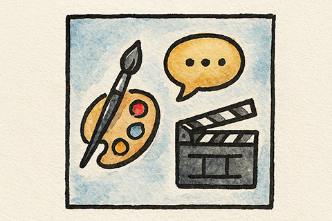 Icon representing arts, communication, and entertainment, showing a paint palette with brush, a speech bubble, and a film clapperboard.