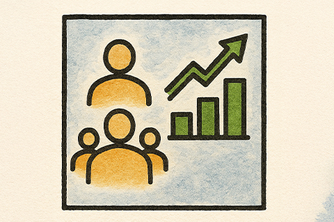 Icon representing business and management, showing people symbols alongside an upward trend graph.