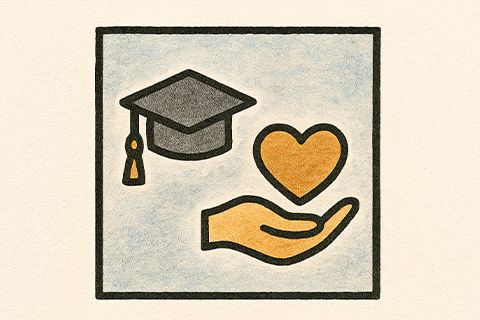 Icon representing education and public service, showing a graduation cap, a helping hand, and a heart.