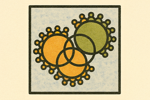 Icon representing social and cultural studies, showing overlapping circles with figures lining them to symbolize interconnected communities and social systems.