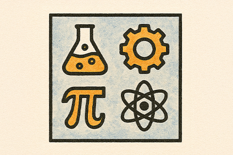 Icon representing science, technology, engineering, and math, showing a laboratory flask, gear, pi symbol, and atom.