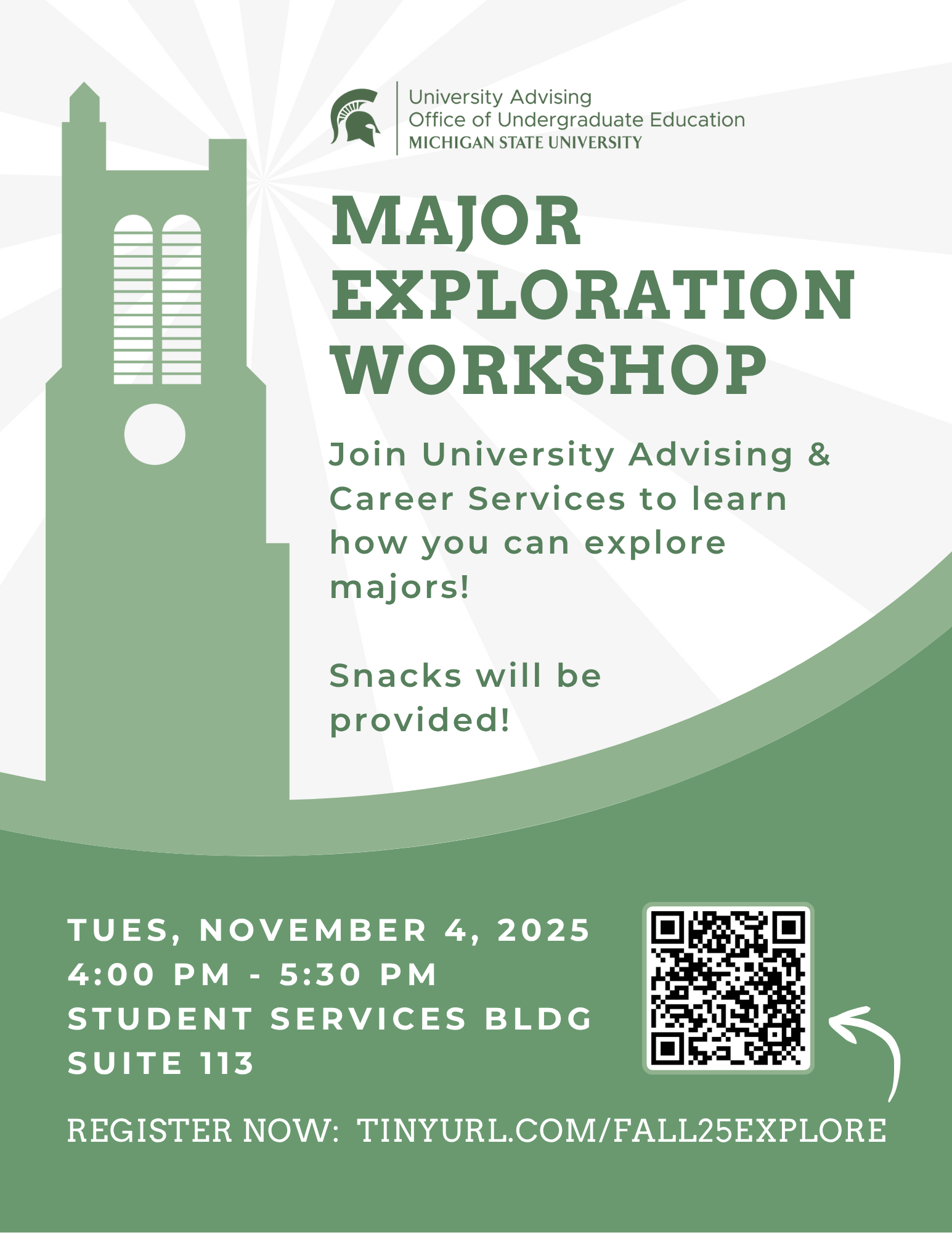 Major Exploration Workshop, join University Advising and Career Services to learn how you can explore majors! Snacks provided. Tuesday November 4, 2025 from 4 p.m. to 5:30 p.m. in the Student Services Building, suite 113. Register now!