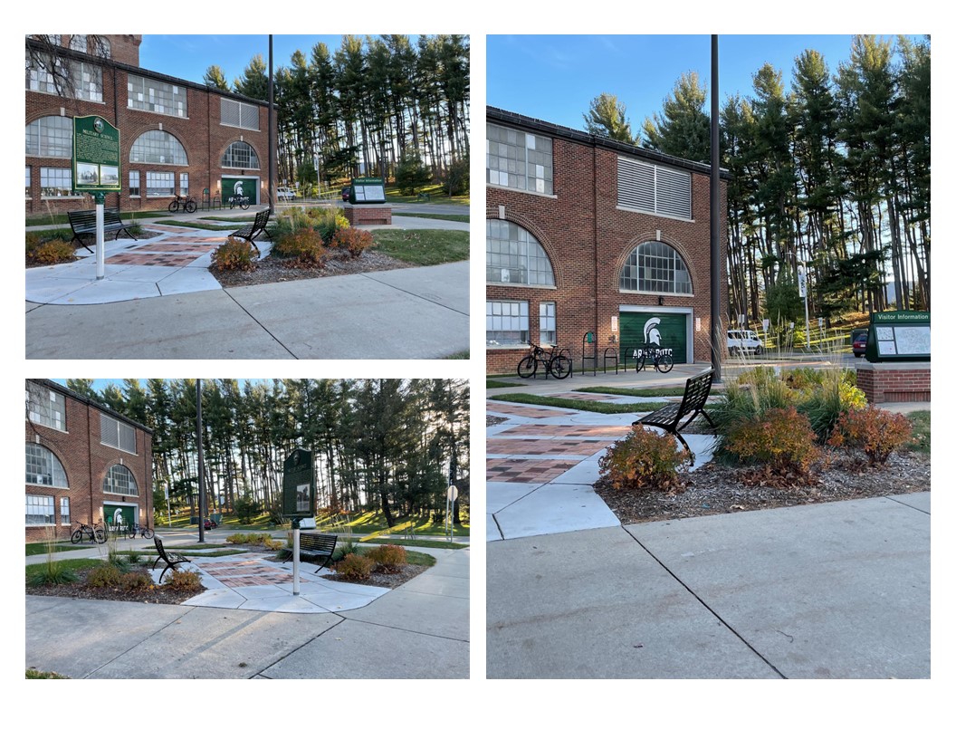 collage of three photos of the plaza showing Dem Hall in the background and the commemorative donation bricks in the front.