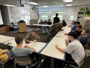 Cadets sitting together at tables facing one another during First-Year Student Orientation