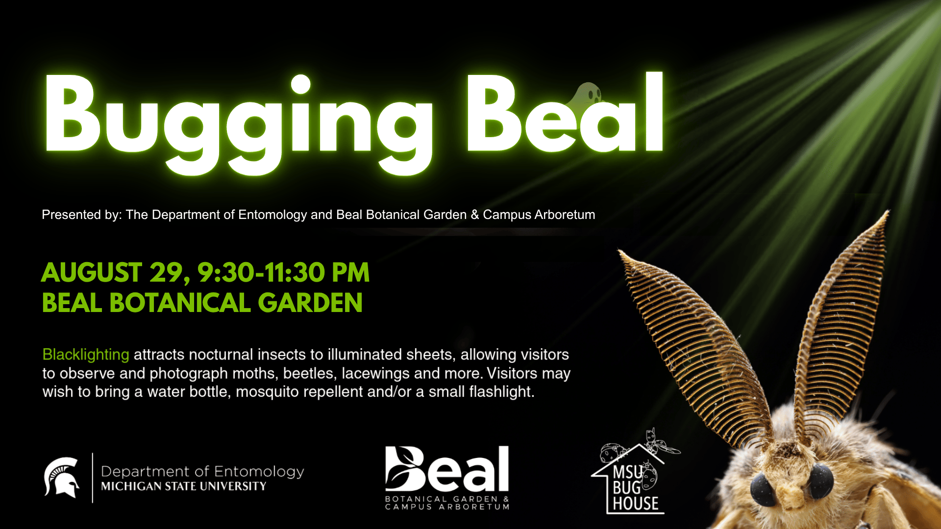graphic for Bugging Beal with a black background and a close up image of a moth with large feathered antennae in the lower right corner, text reads Bugging Beal, Presented by the Department of Entomology and Beal Botanical Garden and Campus Arboretum, August 29, 2026, 9:30 to 11:30pm