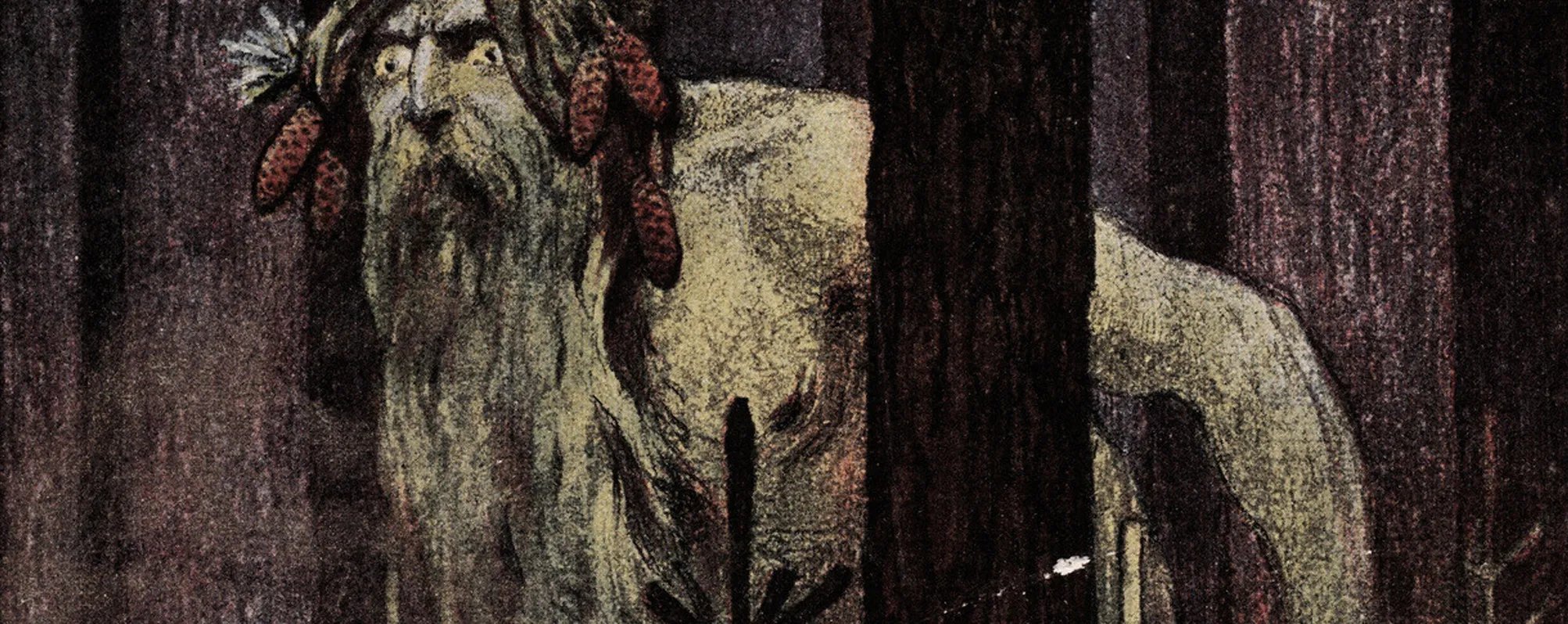 a grey creature with a long beard walking though a dark forest