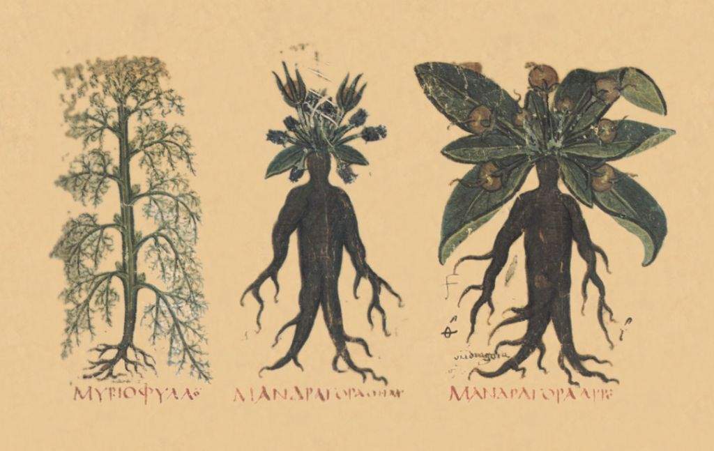 historical botanical illustrations featuring three plant figures that resemble human bodies