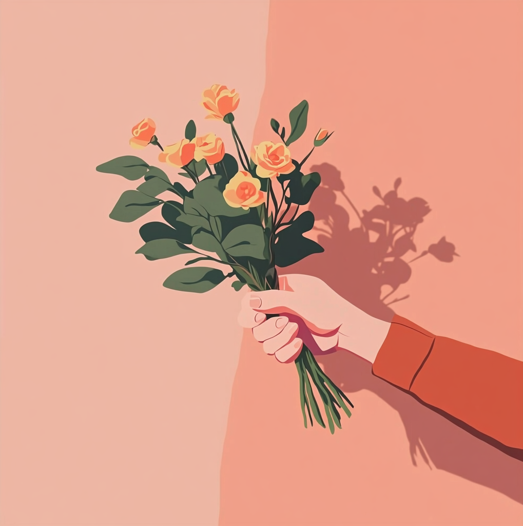 peach colored graphic showing an outstretched arm holding a bouquet of peach flowers