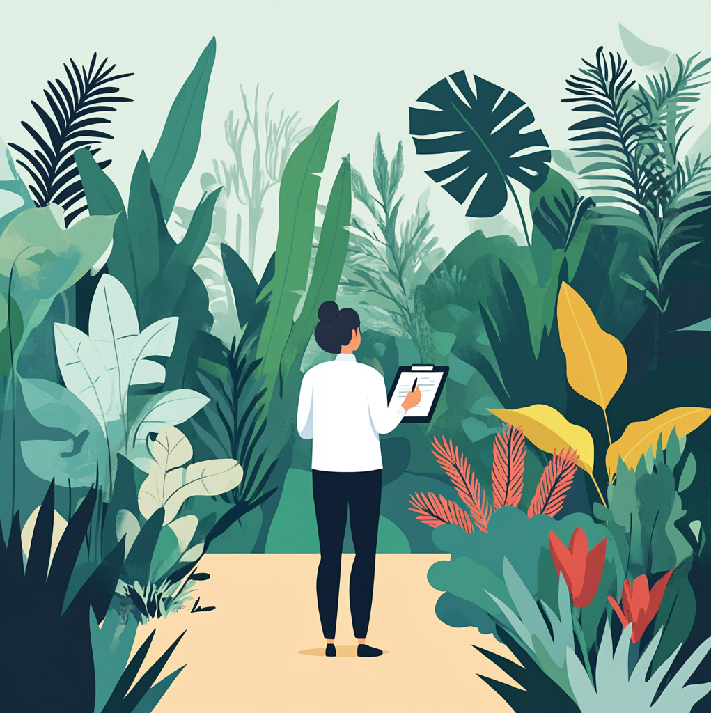graphic depicting a woman with a bun standing looking into a jungle