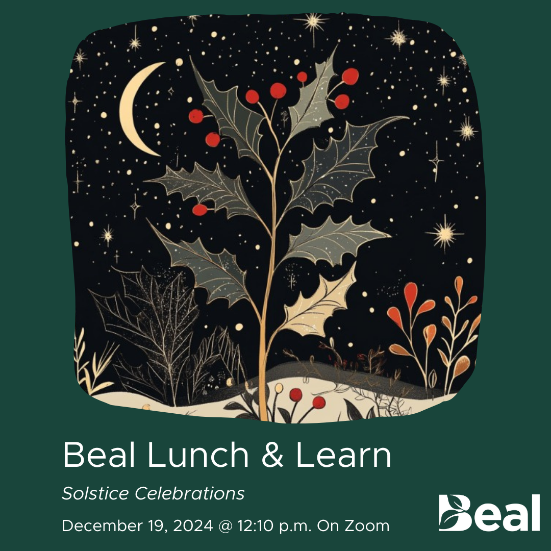 graphic for online lunch and learn program featuring a illustration of holly stem with berries at night, text reads: "Beal Lunch and Learn: Solstice Celebrations, Dec 19, 2024 at 12:10pm On Zoom"