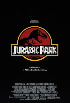 movie poster for Jurassic Park, black background with a red circle containing the silhouette of a t-rex skeleton with the words "Jurassic Park" beneath it