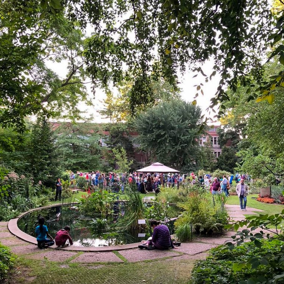 large crowd at an outdoor event in a garden