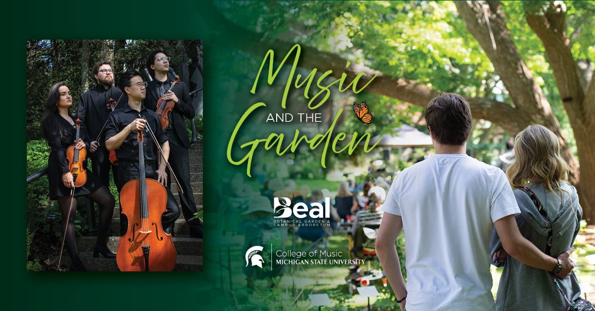 promotion for Music and the Garden with a couple standing with arms around each other watching a performance in a garden on one side and a group photo of a string quartet on the other