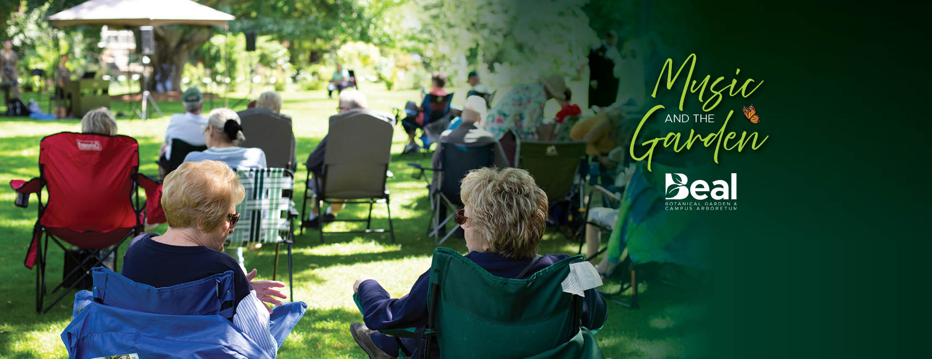 promotion for Music and the Garden with several people sitting in lawn chairs in a garden