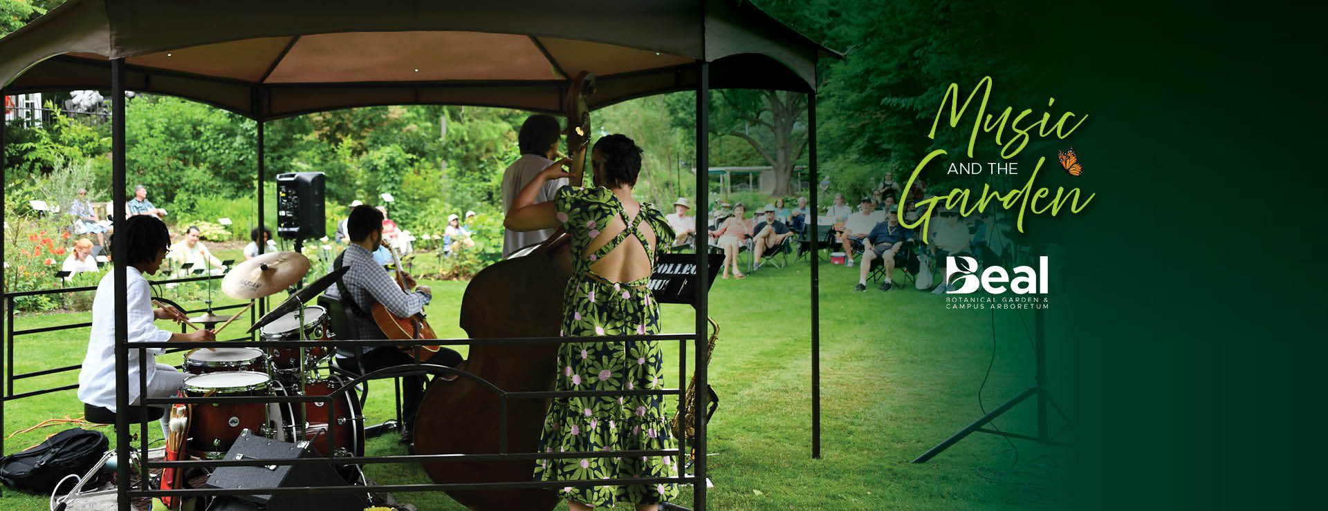 promotion for Music and the Garden of a musical performance under a tent canopy viewed from behind