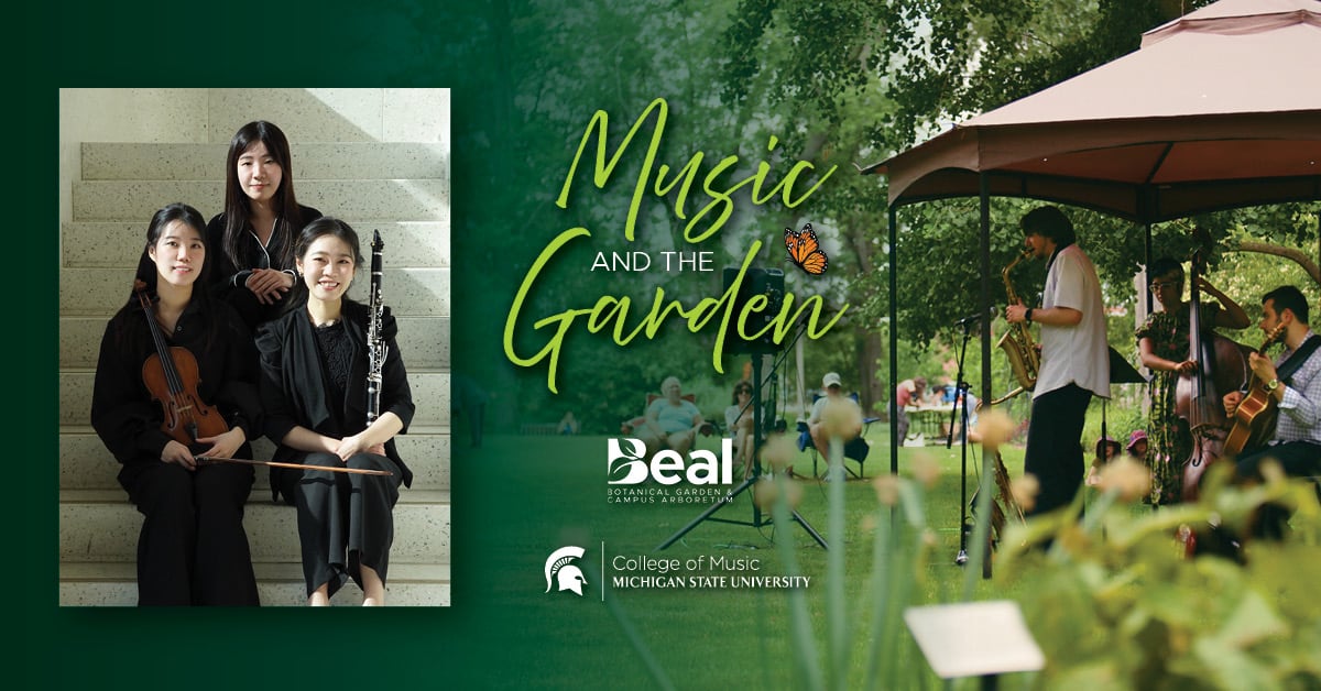 promotion for Music and the Garden featuring a photo of three Asian women holding musical various instruments