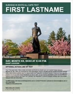 A thumbnail of an event advertising poster with a photo of The Spartan statue, a green banner with white placeholder text at the top, and a semi-transparent white box with black placeholder text along the bottom.