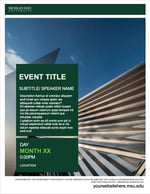 A thumbnail of an event flyer with a photo of Broad Art Museum in the background, a green banner across the top with a white border below it and a white Michigan State University wordmark in the upper left corner, a green box with white placeholder text in the foreground along the left side, and a white banner along the bottom.
