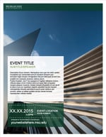 A thumbnail for an event flyer featuring a photo of Broad Art Museum in the background, a green banner across the top, a white banner across the bottom, and a white semi-transparent box with green placeholder text and a green semi-transparent box with white placeholder text in the foreground.