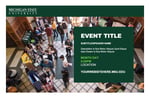 A thumbnail of the front of a folded invitation card with an aerial photo of students in the background and placeholder text in a green box in the foreground