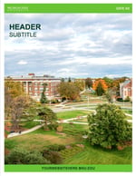 A thumbnail of a newsletter cover with an aerial photo of campus, and a light green banner along the top, with placeholder text on the top of the image