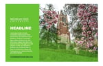 A thumbnail of a direct mailer postcard featuring a bright green 1/3 width column on the left with white and black placeholder text, and an image of Beaumont Tower on the right 2/3.