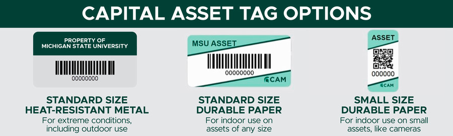 An infographic with graphics of three different barcode tags. The first asset tag on the left has the caption 