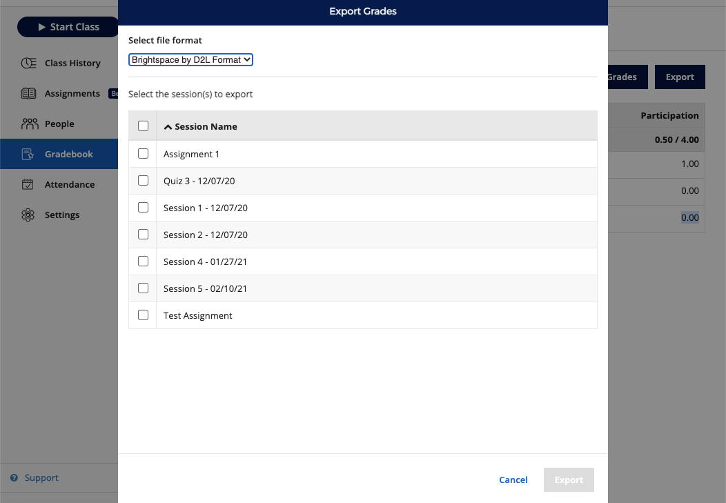 Export Grades dialog box in iClicker