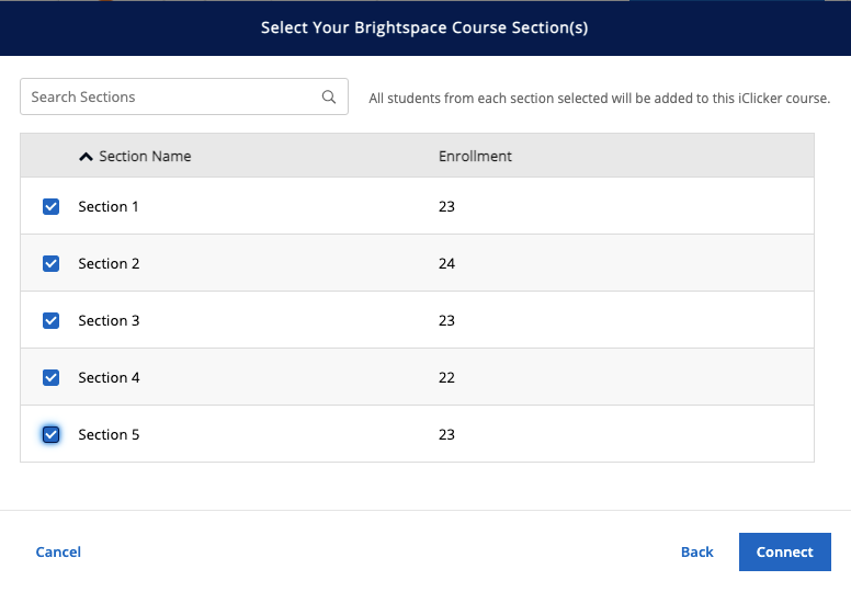 Select your Brightspace Course Sections screenshot with sections found in the D2L course listed