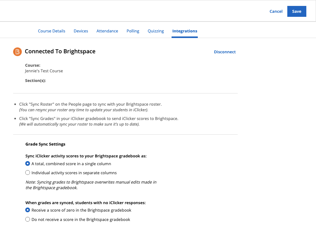 Summary of grade sync setup on iClicker settings website