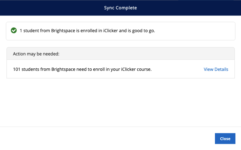 Sync Complete screen in iClicker which shows how many students have an iClicker account and how many
