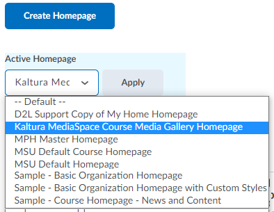 Dropdown list showing KMC Homepage